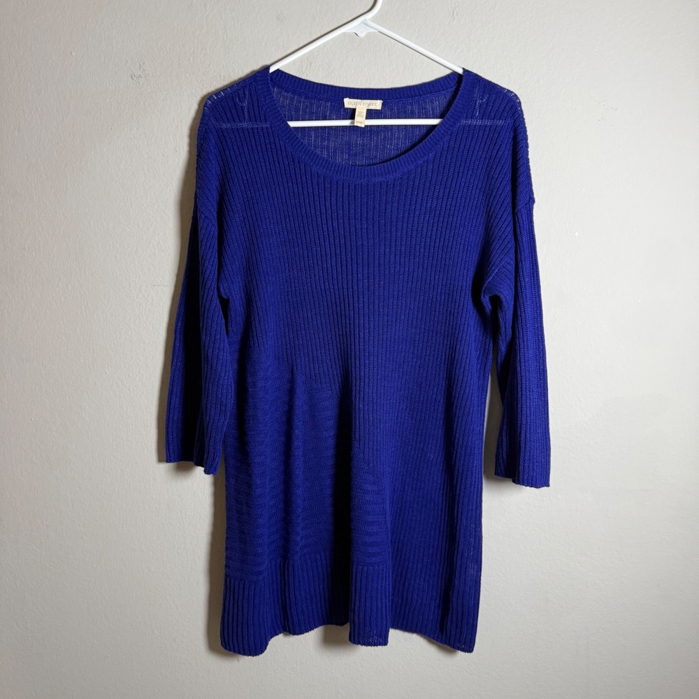 Eileen Fisher Blue 100% Organic Linen Ribbed Tunic Sweater Medium M S18GMH